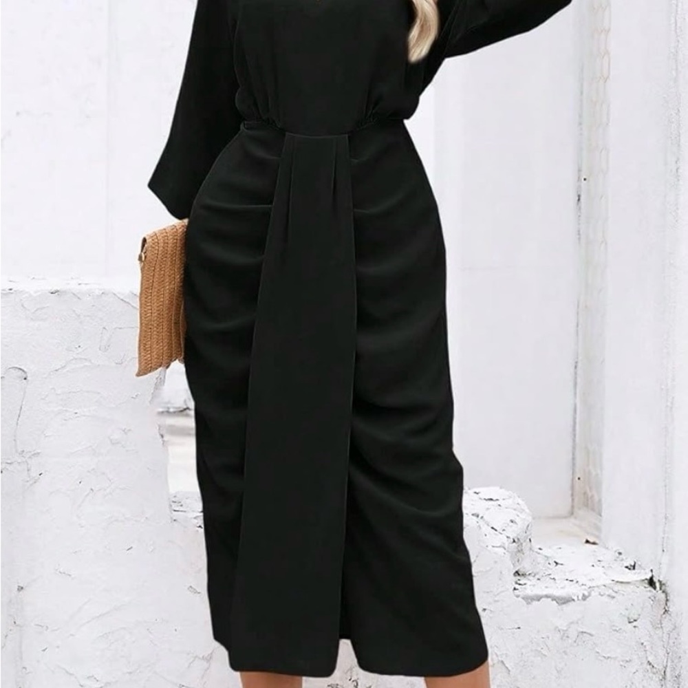 Summer Women's Casual Dress Solid Ruched Fitted Midi Black Dress - Picture 4 of 6